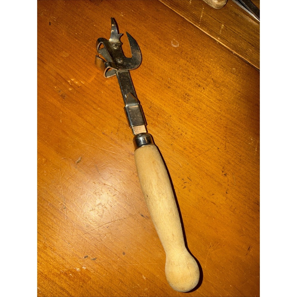 Vintage Bottle /can Opener Wood Handle A&J USA Tempered Steel